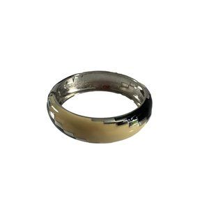 Metal Enamel Black Cream Clamper Style Bracelet Geometric .75" Wide 2.5" Across